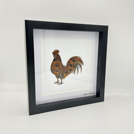 Feather & Fell “Mr Rooster” with Pheasant Feather background 8”x8”