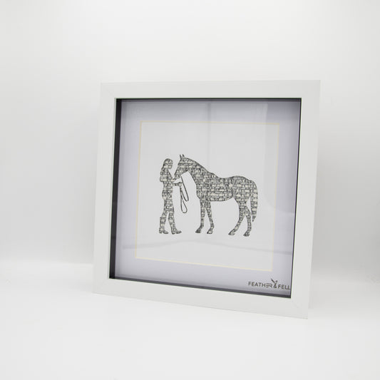 Feather & Fell “The Horse Whisperer” with Silver Speckled Fabric background 8”x8”